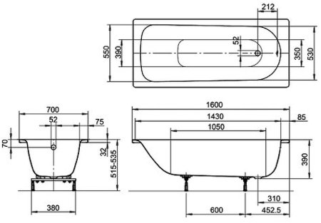 Стальная ванна Kaldewei Eurowa 311 160x70 119712030001 без отверстий под ручки 