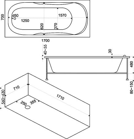Акриловая ванна Bas Нептун стандарт 170x70 см на ножках 
