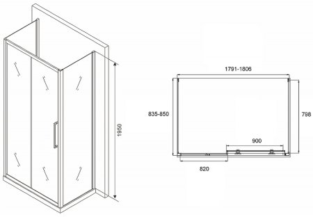 Душевой уголок Abber Schwarzer Diamant 180x85 AG30180BH-S85B-S85B профиль Черный стекло прозрачное 