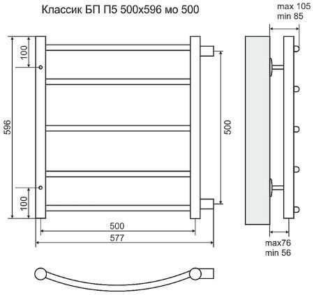 Водяной полотенцесушитель Terminus Классик П5 500x596 4670030726230 Хром с боковым подключением 