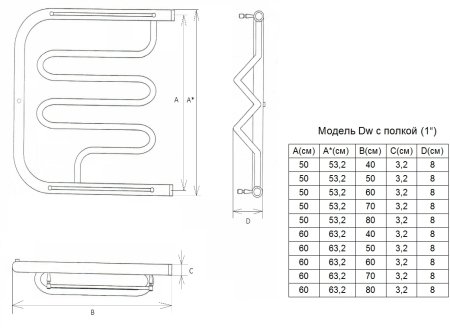 Полотенцесушитель водяной ДВИН Dw фокстрот 50/50 c полкой, хром 