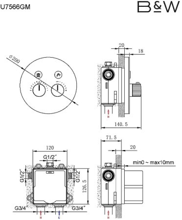 Душевая система Black&White Universe U7566GM 7566GM с термостатом Gun Metal 