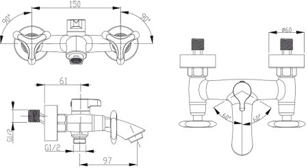 Смеситель для ванны Kaiser Trio 57022-1 Бронза 