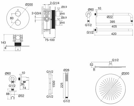 Душевая система Whitecross Y black YSET08BL с термостатом Черная матовая 