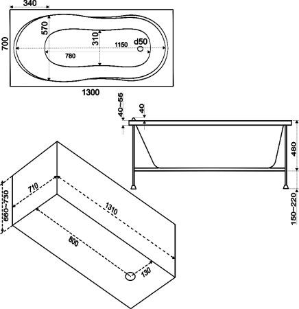 Акриловая ванна Bas Лима стандарт 130x70 см на ножках 