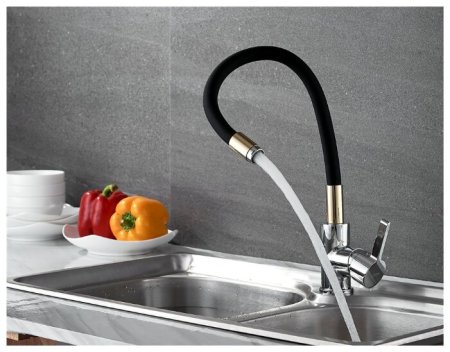 Смеситель Ledeme L4898-10 для кухонной мойки, чёрный+золото+хром 