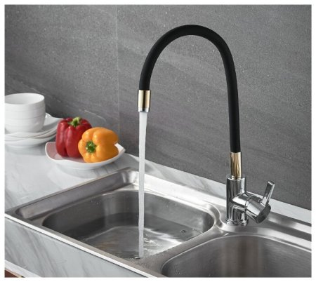 Смеситель Ledeme L4898-10 для кухонной мойки, чёрный+золото+хром 