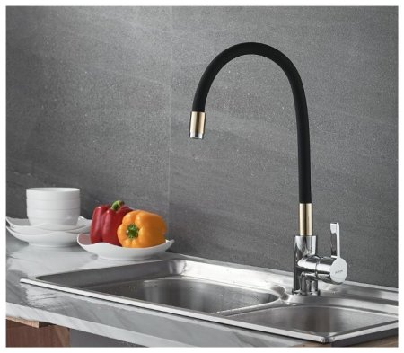Смеситель Ledeme L4898-10 для кухонной мойки, чёрный+золото+хром 