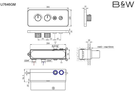 Душевая система Black&White Universe U7646GM 7646GM с термостатом Gun Metal 