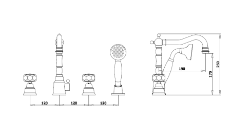 Смеситель для ванны на 4 отверстия Ganzer Konstantin GZ09034D Бронза 