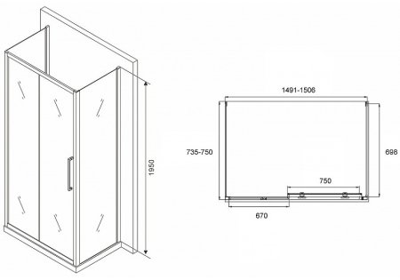 Душевой уголок Abber Schwarzer Diamant 150x75 AG30150MH-S75M-S75M профиль Хром стекло матовое 