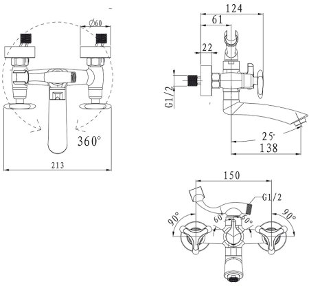 Смеситель для ванны Kaiser Trio 57122 Хром 