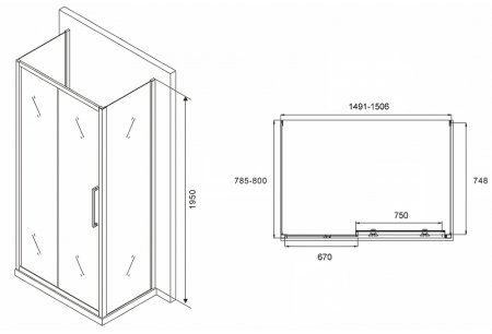 Душевой уголок Abber Schwarzer Diamant 150x80 AG30150MH-S80M-S80M профиль Хром стекло матовое 