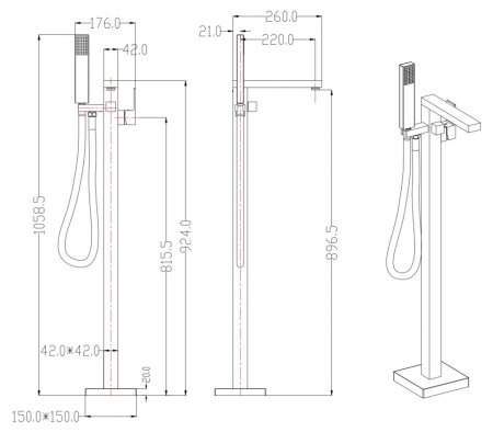 Смеситель Grocenberg GB800BL напольный для ванны, черный матовый 