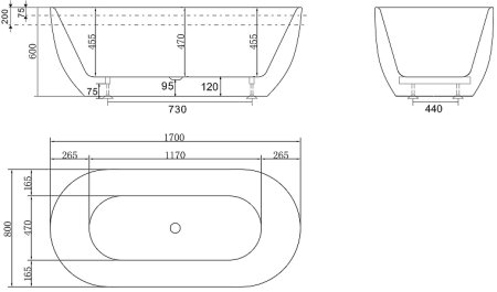 Акриловая ванна BelBagno 170x80 BB70-1700-800-W/NM Черная Белая без гидромассажа 