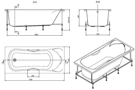Акриловая ванна Roca BeCool 170x80 ZRU9302852+ZRU9302854+ZRU9302853 с каркасом, фронтальной панелью и ручками 