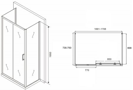 Душевой уголок Abber Schwarzer Diamant 170x75 AG30170B-S75B-S75B профиль Черный стекло прозрачное 
