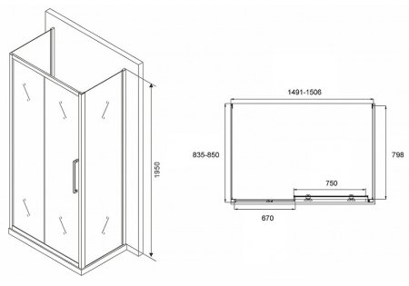 Душевой уголок Abber Schwarzer Diamant 150x85 AG30150MH-S85M-S85M профиль Хром стекло матовое 