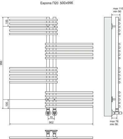Водяной полотенцесушитель Terminus Европа П20 500x996 4620768886669 Хром 