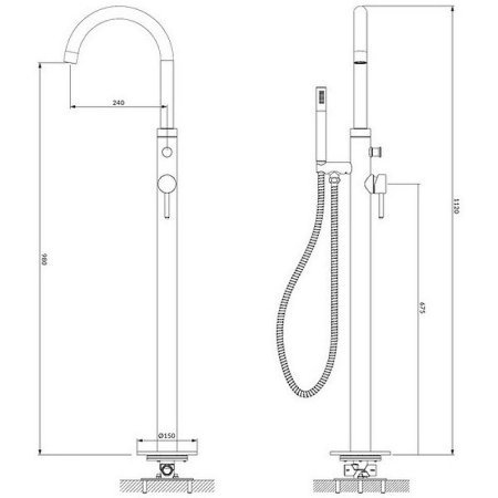 Смеситель Omnires Y Y1233CR для ванны, напольный, с ручным душем, хром 