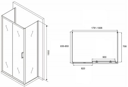 Душевой уголок Abber Schwarzer Diamant 180x85 AG30180B-S85B-S85B профиль Черный стекло прозрачное 