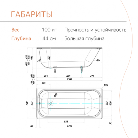 Ванна чугунная Tempra Cadis 150x70 см. белая 