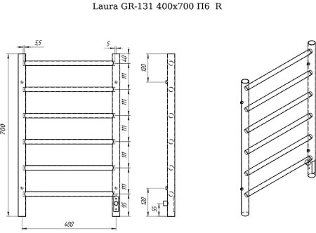 Электрический полотенцесушитель Grois Laura GR-131 400x 700 П6 RAL9005 R Черный матовый 