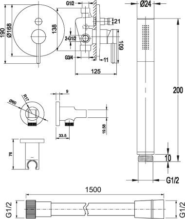 Душевой комплект Omnires Y SYSY18 С ВНУТРЕННЕЙ ЧАСТЬЮ, черный 