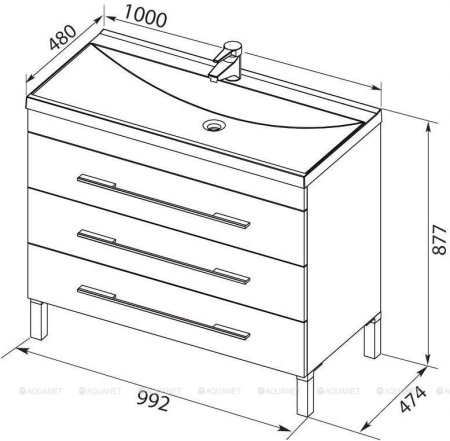 Тумба с раковиной Aquanet Верона 100 белый (напольная 3 ящика) 