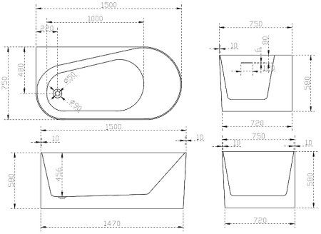 Акриловая ванна Abber 150х75 AB9496-1.5L без гидромассажа 