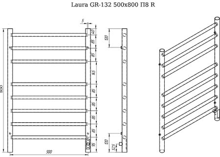Электрический полотенцесушитель Grois Laura GR-132 500x 800 RAL 9005 П8 R Черный матовый 