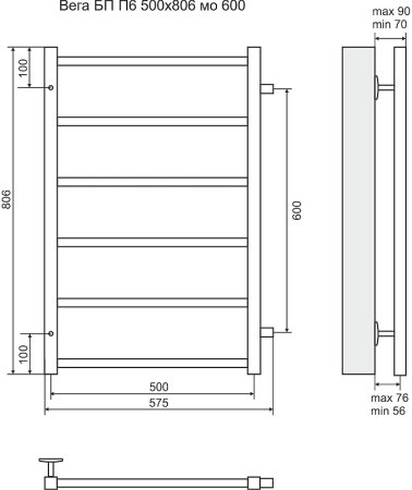 Водяной полотенцесушитель Terminus Вега П6 500x806 4620768886645 Хром с боковым подключением 600 