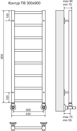 Водяной полотенцесушитель Terminus Контур П8 300х900 4660059582443 Хром 