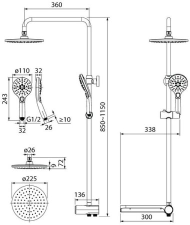 Душевой гарнитур с верхней лейкой, черный матовый, IDDIS Ray (RAYMS3Fi76) 