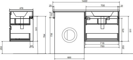 Тумба с раковиной Эстет Dallas Luxe 140 подвесная, 2 ящика, R 