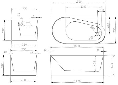 Акриловая ванна Abber 150х75 AB9496-1.5R без гидромассажа 
