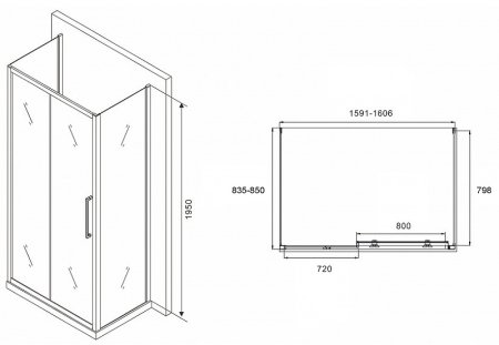 Душевой уголок Abber Schwarzer Diamant 160x85 AG30160MH-S85M-S85M профиль Хром стекло матовое 