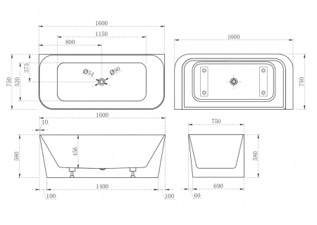Акриловая ванна ABBER 160х75 см. AB9223-1.6  
