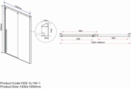 Душевая дверь Vincea Lugano 140 VDS-1L140CLB-1 профиль Черный стекло прозрачное 