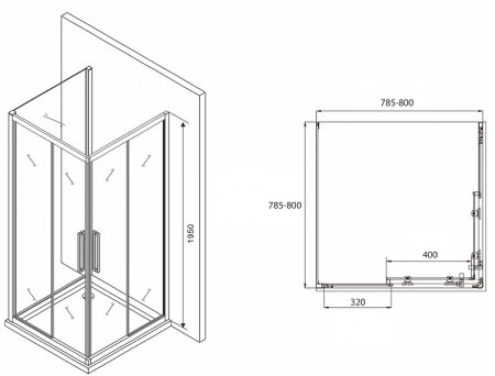 Душевой уголок Abber Schwarzer Diamant 80x80 AG02080BH-S80Bб профиль Черный стекло прозрачное 