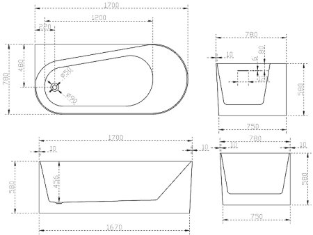 Акриловая ванна Abber 170х78 AB9496-1.7L без гидромассажа 