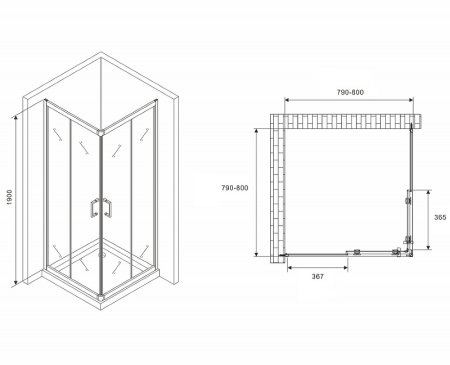 Душевой уголок Abber Schwarzer Diamant 80x80 AG02080B5 профиль Черный стекло прозрачное 