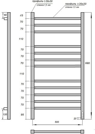 Электрический полотенцесушитель Point Вега PN71850 П12 500x1000 диммер справа Хром 