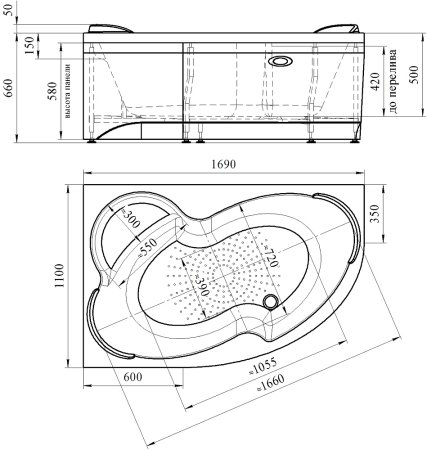 Акриловая ванна Radomir Vannesa Massage Ирма 169х110, с каркасом и экраном, баланс, L 