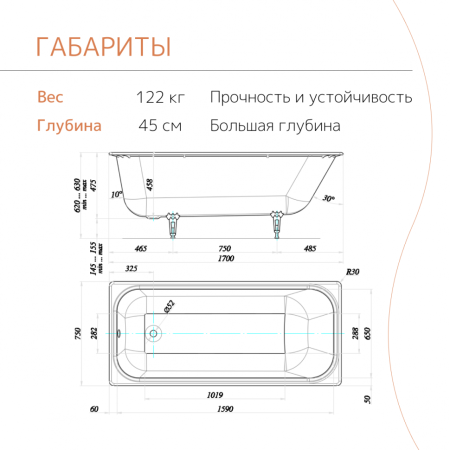Ванна чугунная Tempra Cadis 170x75 см. белая 