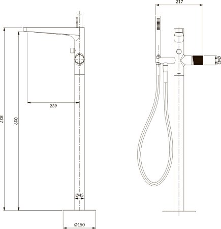 Смеситель Omnires Contour CT8033GLB С ВНУТРЕННЕЙ ЧАСТЬЮ напольный, для ванны с душем, золото 