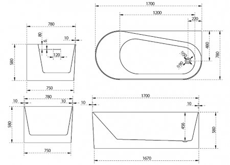 Акриловая ванна Abber 170х78 AB9496-1.7R без гидромассажа 