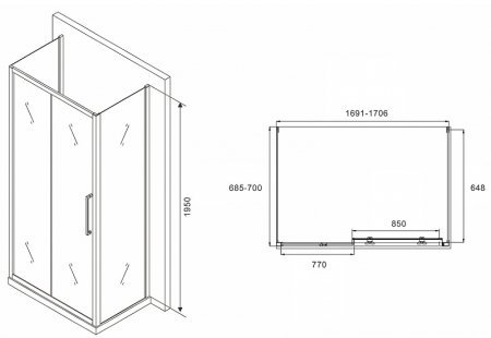 Душевой уголок Abber Schwarzer Diamant 170x70 AG30170MH-S70M-S70M профиль Хром стекло матовое 