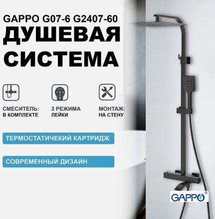 Душевая система Gappo G07-6 G2407-60 с термостатом Черная матовая 