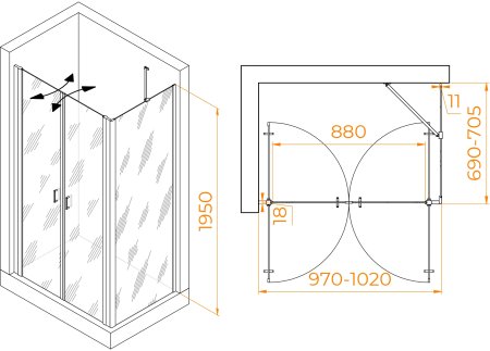 Душевой уголок RGW PA-144 (PA-104+Z-050-2+O-204) 1000x700 